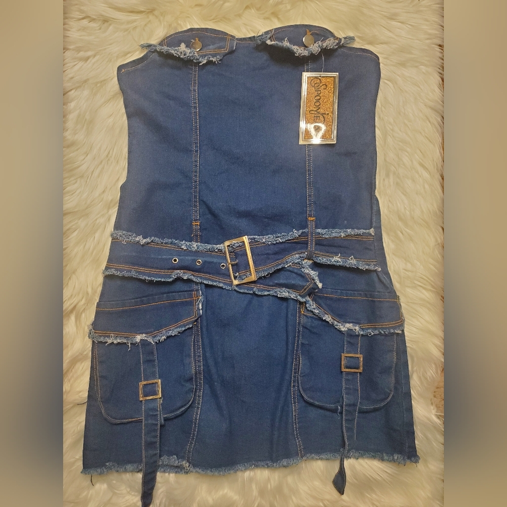 Blue Denim Strapless Dress with Distressed Details